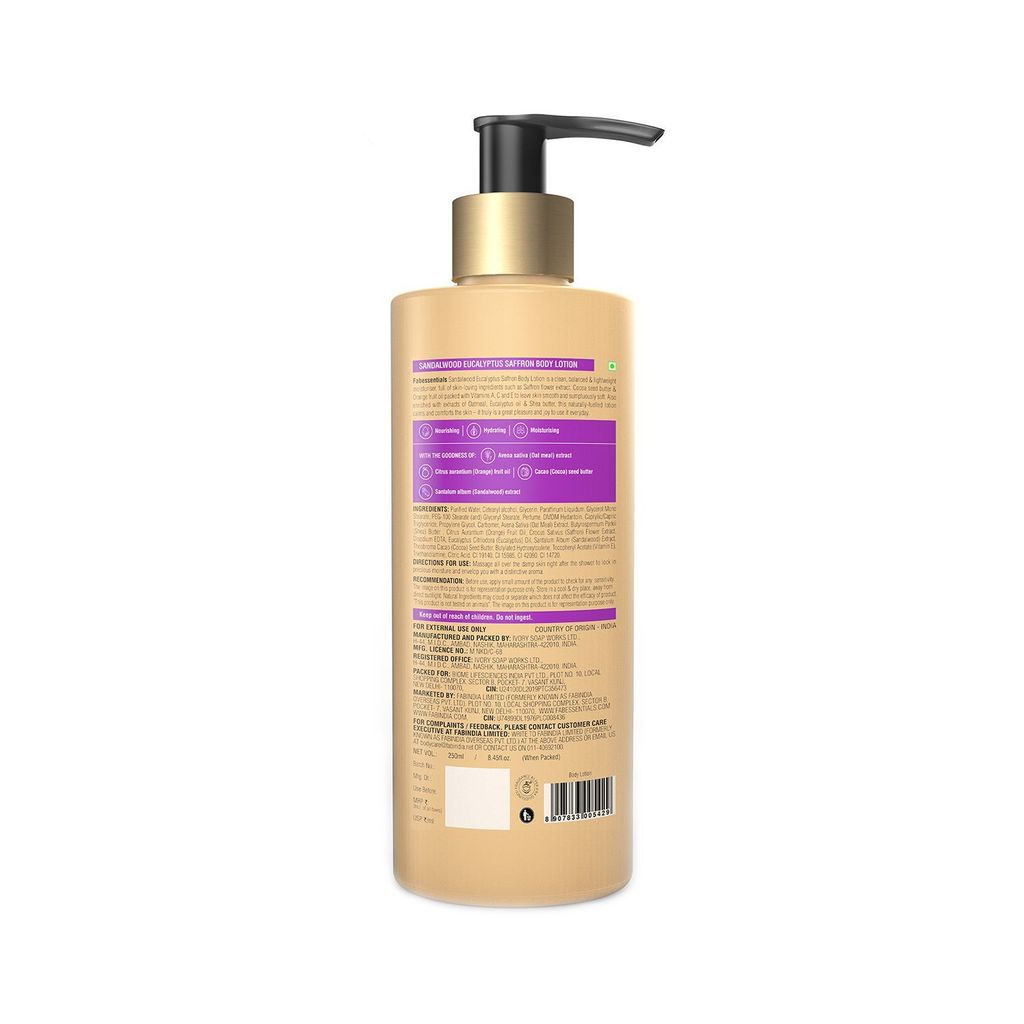 Fabessentials Sandalwood Eucalyptus Saffron Body Lotion | with Orange Fruit Oil & Cocoa Seed Butter | for All Day Moisture - 250 ml