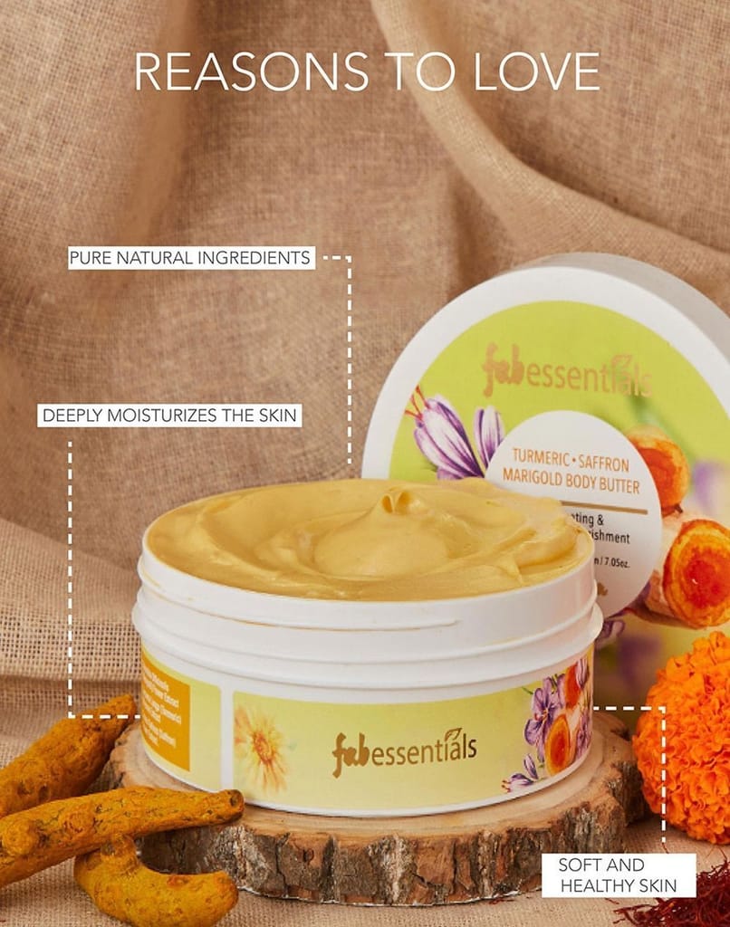 Fabessentials Turmeric Saffron Marigold Body Butter | with Shea Butter & Cocoa Seed Butter | for Deep Moisturising, Illuminating Glow & Comforting Nourishment - 200 gm