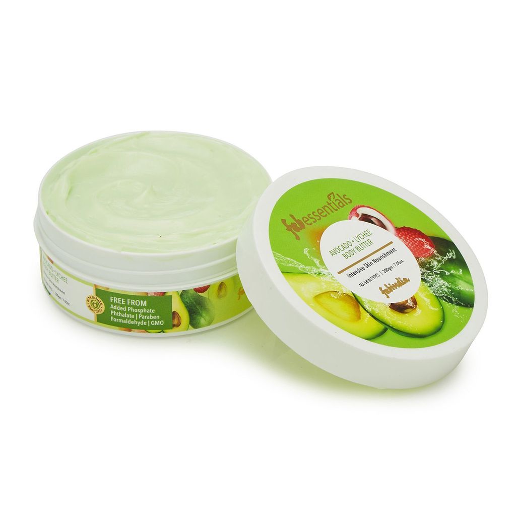 Fabessentials Avocado Lychee Body Butter | infused with Shea Butter | for Intensive Skin Nourishment | Ultra-rich Moisturiser for Soothing Dry Skin Patches | Smoothens, Softens & gives Skin a Satin Glow - 200 ml