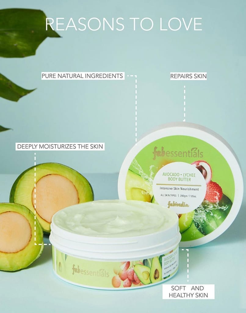 Fabessentials Avocado Lychee Body Butter | infused with Shea Butter | for Intensive Skin Nourishment | Ultra-rich Moisturiser for Soothing Dry Skin Patches | Smoothens, Softens & gives Skin a Satin Glow - 200 ml