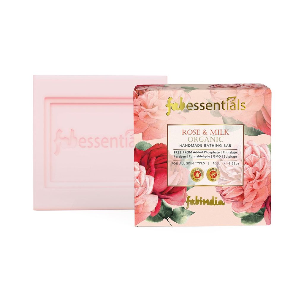 Fabessentials Rose & Milk Handmade Bathing Bar | 100% Organic | with Coconut Oil & Vitamin E | Cleanses, Nourishes & Brightens Skin | Vegan & Palm-Oil Free - 100 gm
