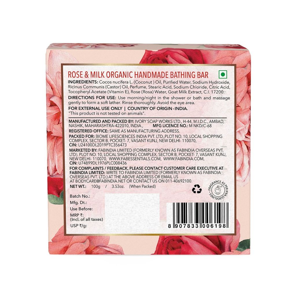 Fabessentials Rose & Milk Handmade Bathing Bar | 100% Organic | with Coconut Oil & Vitamin E | Cleanses, Nourishes & Brightens Skin | Vegan & Palm-Oil Free - 100 gm