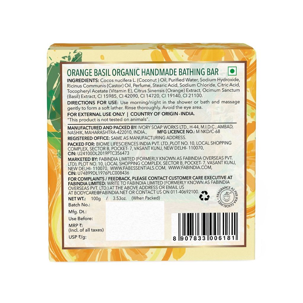 Fabessentials Orange Basil Organic Handmade Bathing Bar | with Natural Biaoctives | Cleanses, Nourishes & Brightens Skin | Vegan & Palm-Oil Free - 100 gm