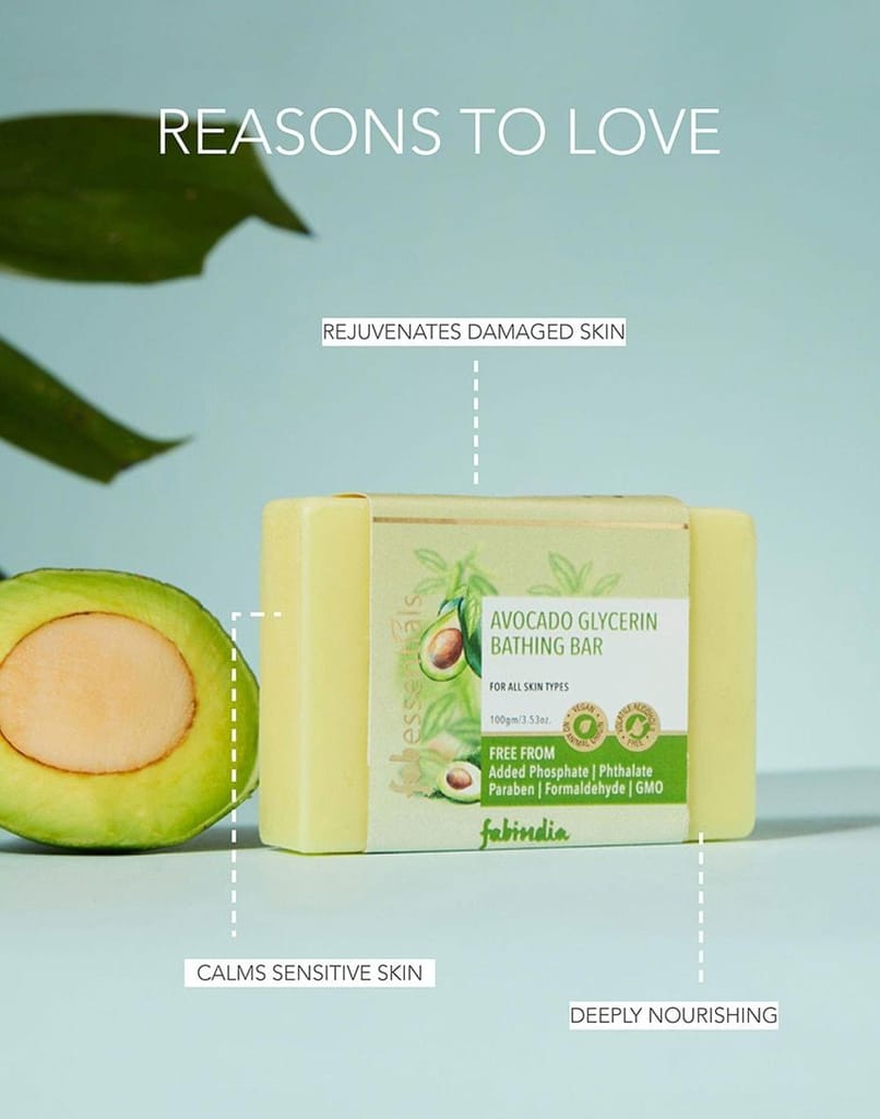 Fabessentials Avocado Glycerin Bathing Bar | with Natural Bioactives | for Cleansing, Nourishing and Rejuvenating Skin | Vegan & Toxin Free - 100 gm
