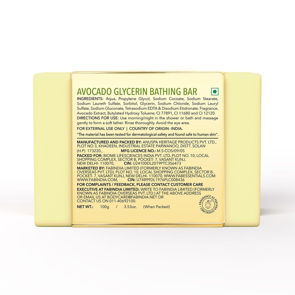 Fabessentials Avocado Glycerin Bathing Bar | with Natural Bioactives | for Cleansing, Nourishing and Rejuvenating Skin | Vegan & Toxin Free - 100 gm