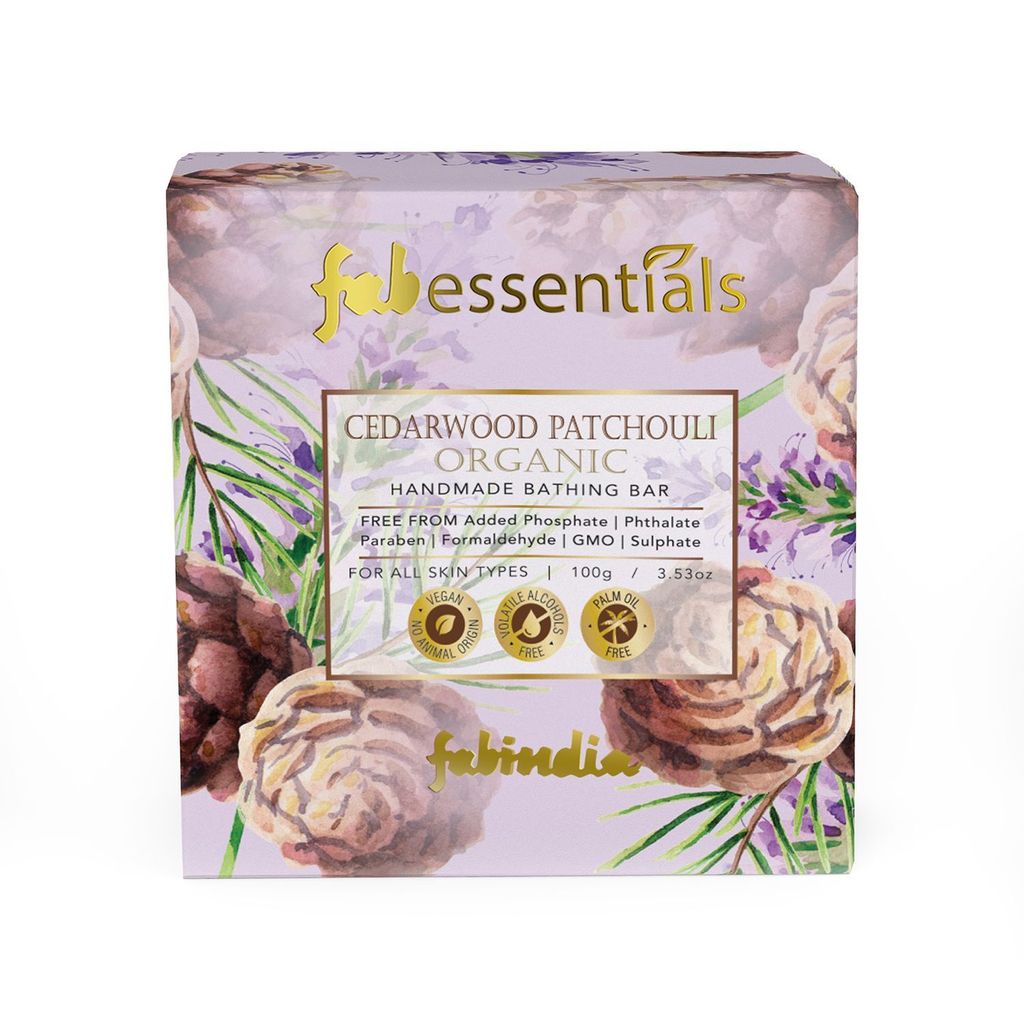 Fabessentials Cedarwood Patchouli Handmade Bathing Bar | 100% Organic | with Coconut Oil | Cleanses, Nourishes & Brightens Skin | Vegan & Palm-Oil Free - 100 gm