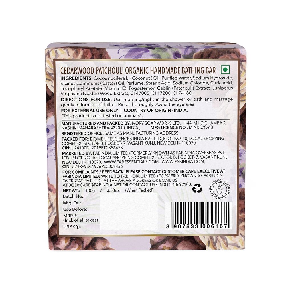 Fabessentials Cedarwood Patchouli Handmade Bathing Bar | 100% Organic | with Coconut Oil | Cleanses, Nourishes & Brightens Skin | Vegan & Palm-Oil Free - 100 gm
