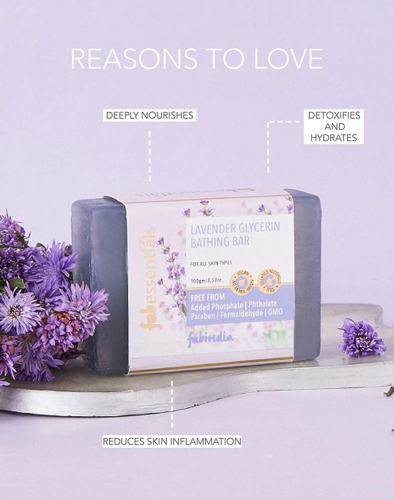 Fabessentials Lavender Glycerin Bathing Bar | with Basil Oil | for Cleansing, Nourishing and Energising Skin | Vegan & Toxin Free - 100 gm
