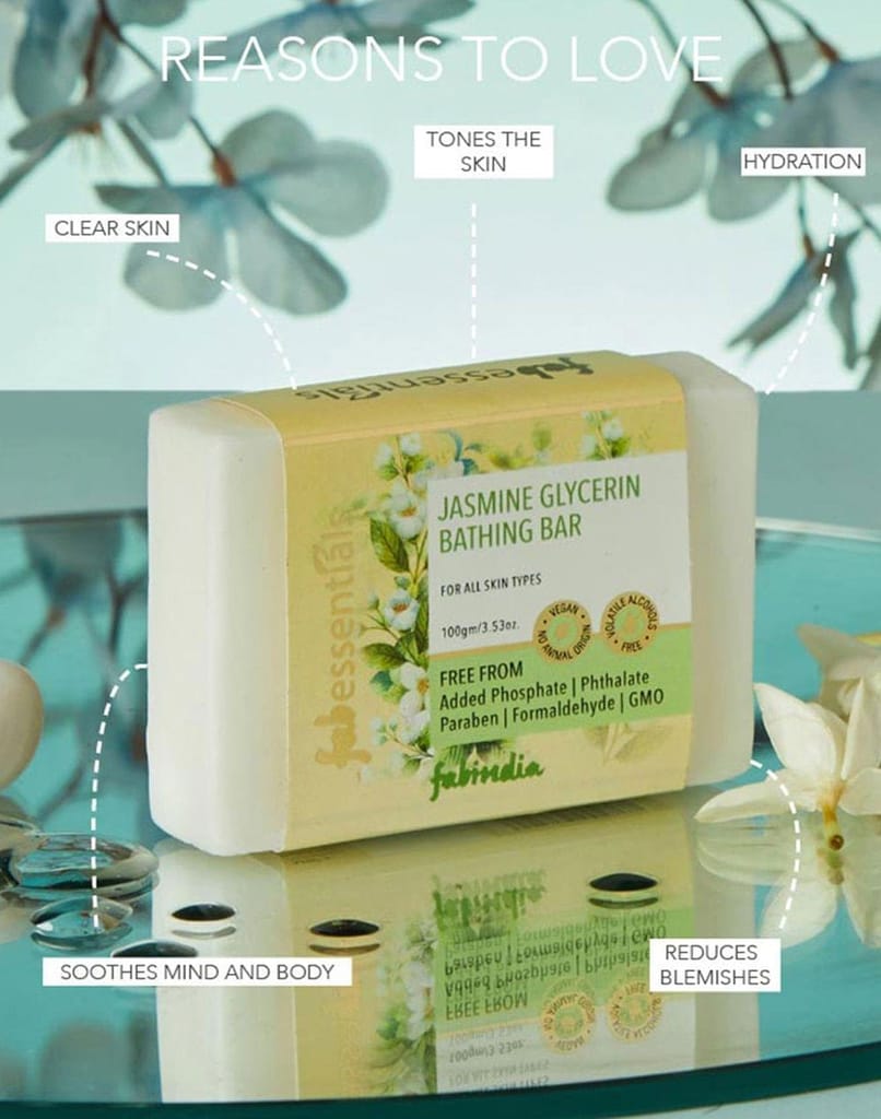Fabessentials Jasmine Glycerin Bathing Bar | with Natural Bioactives | for Deep Cleansing, Refreshing and Soothing Skin | Vegan & Toxin Free - 100 gm