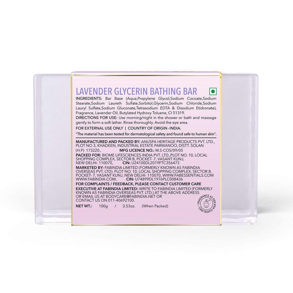 Fabessentials Lavender Glycerin Bathing Bar | with Basil Oil | for Cleansing, Nourishing and Energising Skin | Vegan & Toxin Free - 100 gm