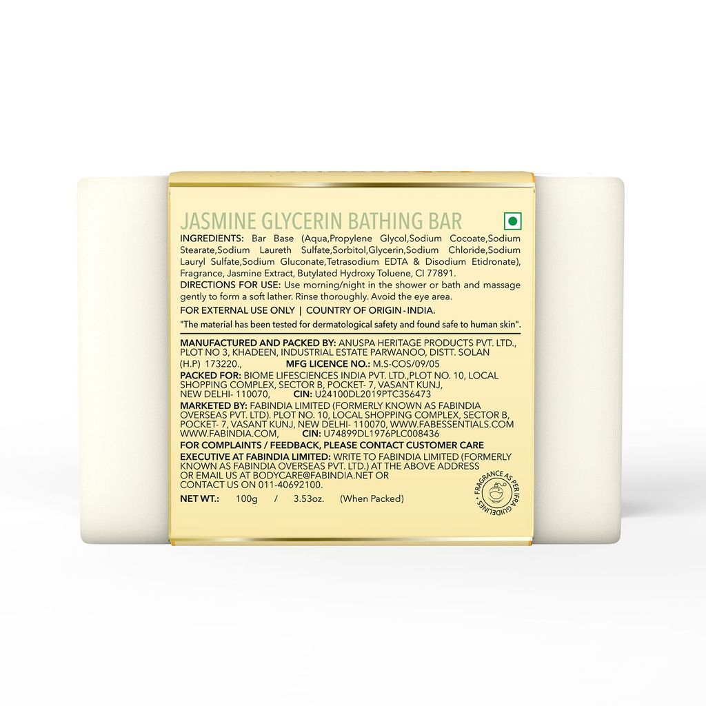 Fabessentials Jasmine Glycerin Bathing Bar | with Natural Bioactives | for Deep Cleansing, Refreshing and Soothing Skin | Vegan & Toxin Free - 100 gm