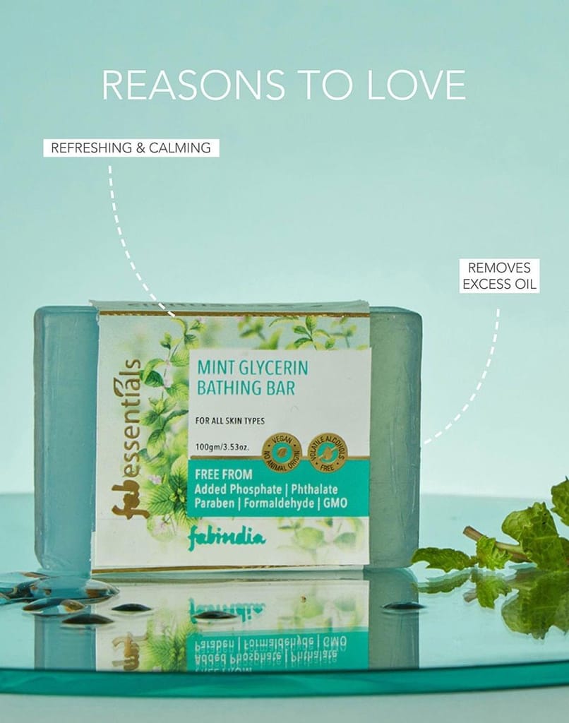 Fabessentials Mint Glycerin Bathing Bar | with Natural Bioactives | for Cleansing, Nourishing and Rejuvenating Skin | Vegan & Toxin Free - 100 gm