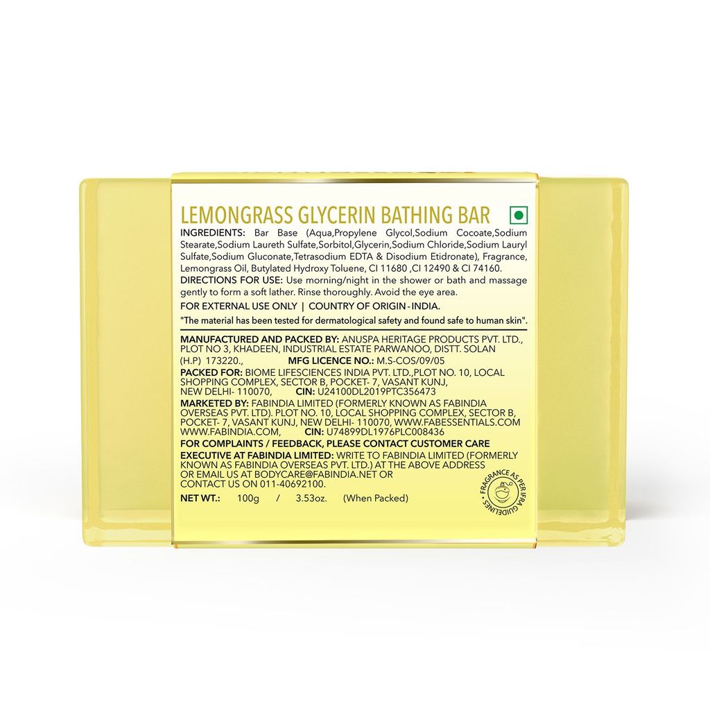 Fabessentials Lemongrass Glycerin Bathing Bar | with Natural Bioactives | for Cleansing, Nourishing and Rejuvenating Skin | Vegan & Toxin Free - 100 gm