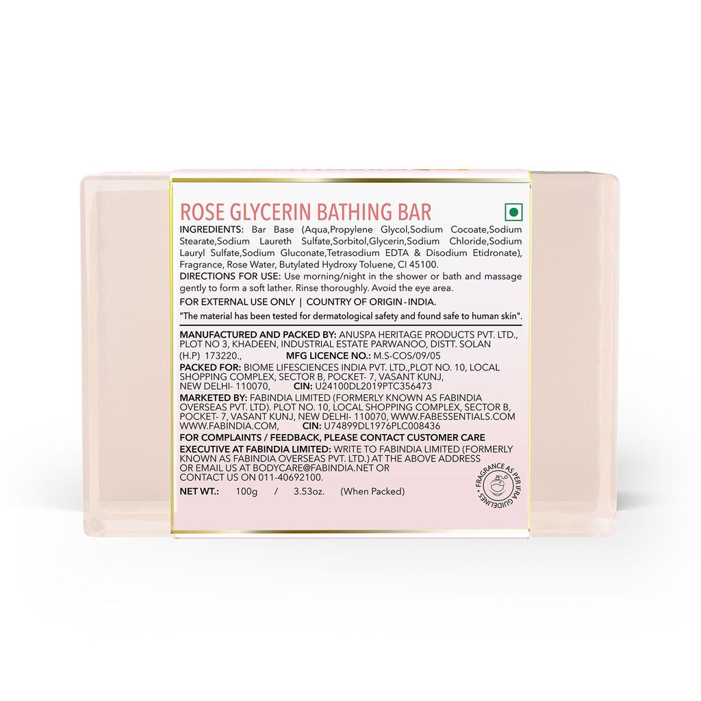 Fabessentials Rose Glycerin Bathing Bar | with Natural Bioactives | for Cleansing, Refreshing and Youthful Glow | Vegan & Toxin Free - 100 gm