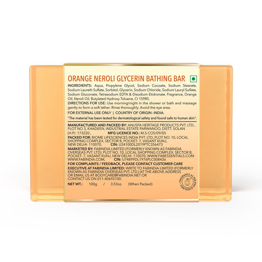 Fabessentials Orange Neroli Bathing Bar | with Natural Bioactives | for Skin Brightening and Radiant Glow | Vegan & Toxin Free - 100 gm