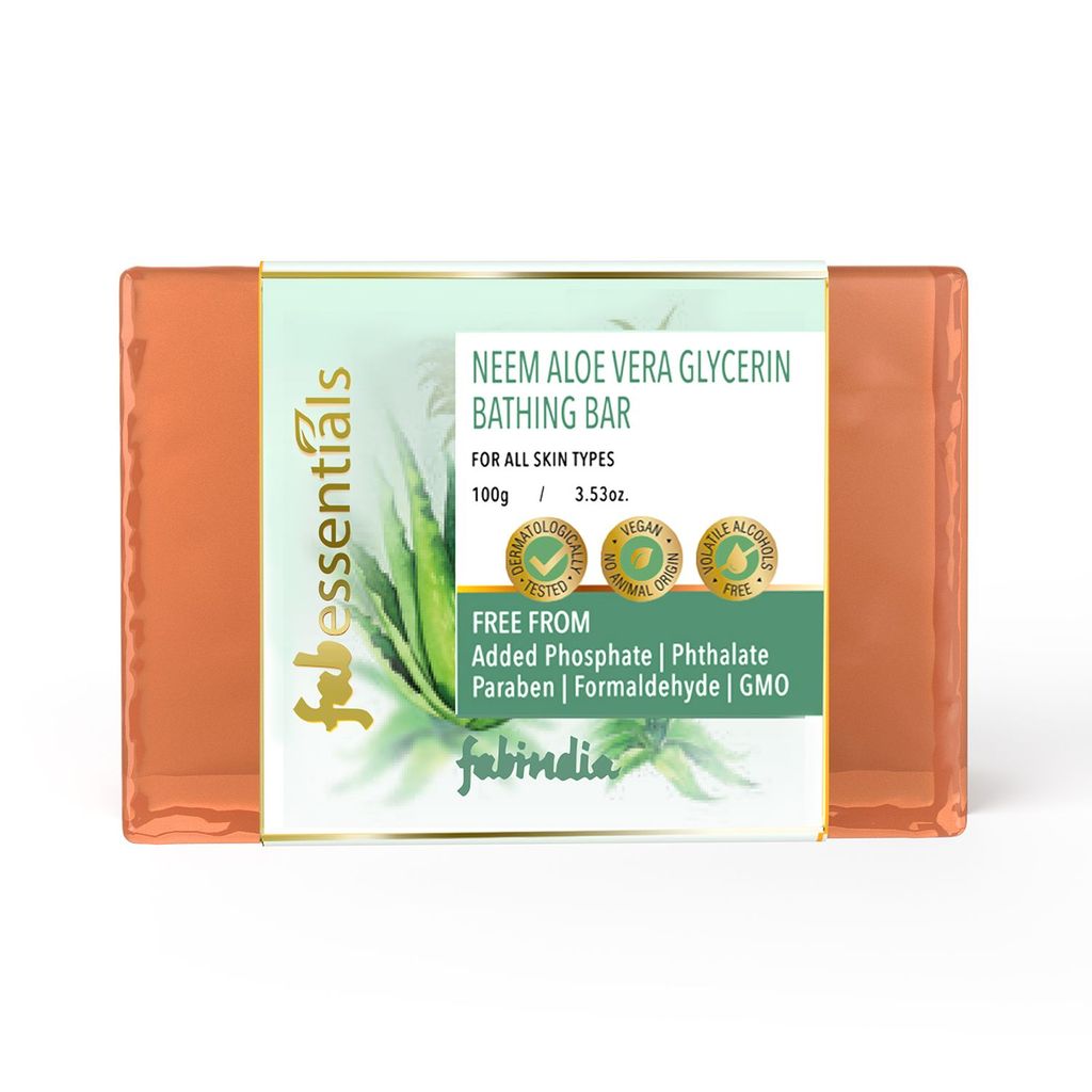 Fabessentials Neem Aloe Vera Glycerin Bathing Bar | with Natural Bioactives | for Cleansing, Nourishing and Refreshing Skin | Vegan & Toxin Free - 100 gm