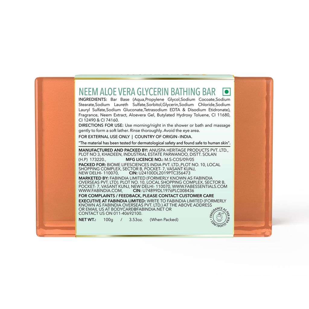 Fabessentials Neem Aloe Vera Glycerin Bathing Bar | with Natural Bioactives | for Cleansing, Nourishing and Refreshing Skin | Vegan & Toxin Free - 100 gm