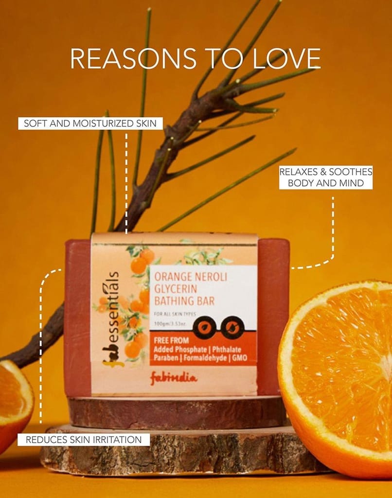 Fabessentials Orange Neroli Bathing Bar | with Natural Bioactives | for Skin Brightening and Radiant Glow | Vegan & Toxin Free - 100 gm