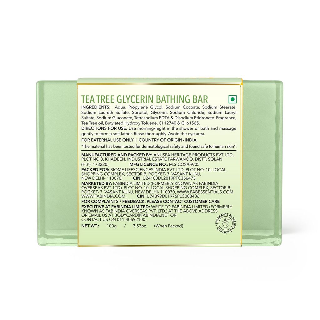 Fabessentials Tea Tree Glycerin Bathing Bar | with Natural Bioactives | Cleansing, Refreshing and Nourishing | Vegan & Toxin Free - 100 gm