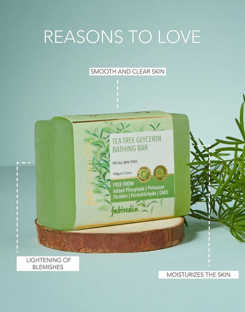 Fabessentials Tea Tree Glycerin Bathing Bar | with Natural Bioactives | Cleansing, Refreshing and Nourishing | Vegan & Toxin Free - 100 gm