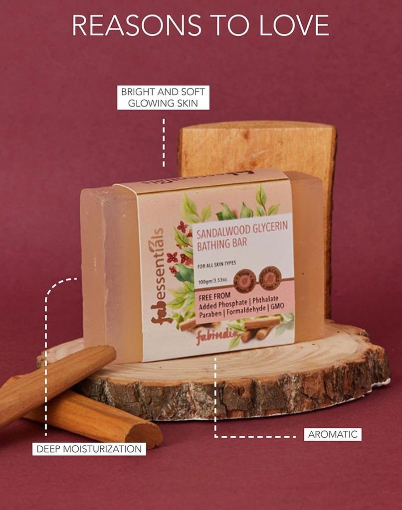 Fabessentials Sandalwood Glycerin Bathing Bar | with Natural Bioactives | for Younger Looking and Glowing Skin | Vegan & Toxin free - 100 gm