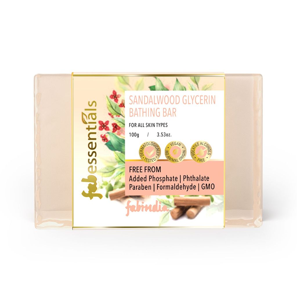 Fabessentials Sandalwood Glycerin Bathing Bar | with Natural Bioactives | for Younger Looking and Glowing Skin | Vegan & Toxin free - 100 gm