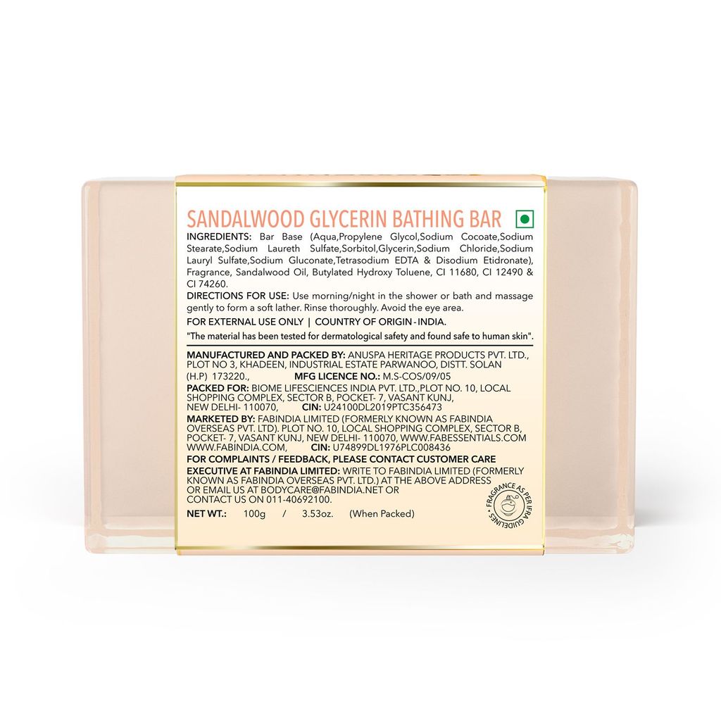Fabessentials Sandalwood Glycerin Bathing Bar | with Natural Bioactives | for Younger Looking and Glowing Skin | Vegan & Toxin free - 100 gm