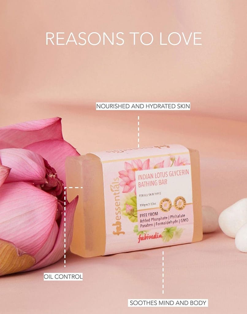 Fabessentials Indian Lotus Glycerin Bathing Bar | with Natural Bioactives | for Cleansing, Nourishing and Rejuvenating Skin | Vegan & Toxin Free - 100 gm