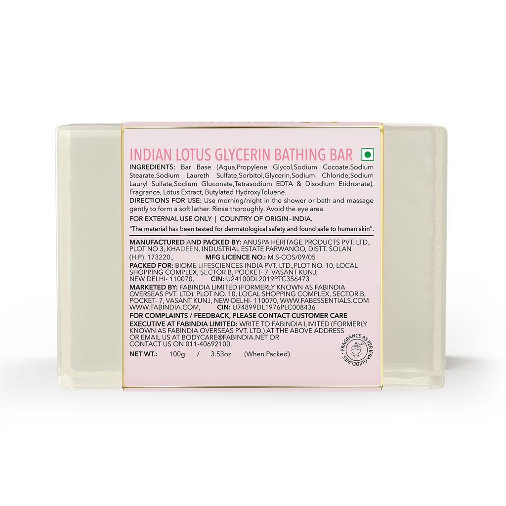 Fabessentials Indian Lotus Glycerin Bathing Bar | with Natural Bioactives | for Cleansing, Nourishing and Rejuvenating Skin | Vegan & Toxin Free - 100 gm