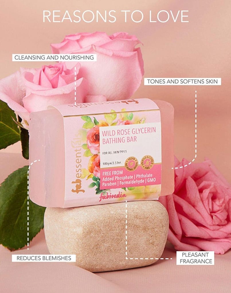 Fabessentials Wild Rose Glycerin Bathing Bar | with Castor Oil & Aloe Vera | for Refreshing, Nourishing and Cleansing Skin | Vegan & Toxin Free - 100 gm