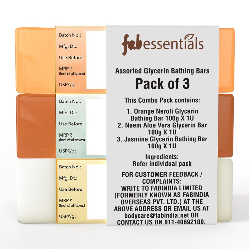 Fabessentials Assorted Glycerin Bathing Bars Pack of 3 - Orange Neroli, Neem Aloe Vera - 100 gm X 3