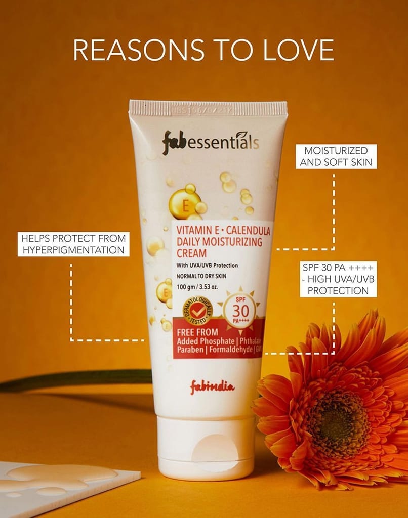 Fabessentials Vitamin E Calendula Daily Moisturizing Cream SPF 30 PA++++ | infused with Marigold, Shea Butter, Borage Seed Oil & Vitamin A-C-E Complex | gives UVA & UVB Protection |Dermatologically Tested | for Normal to Dry Skin - 100 gm