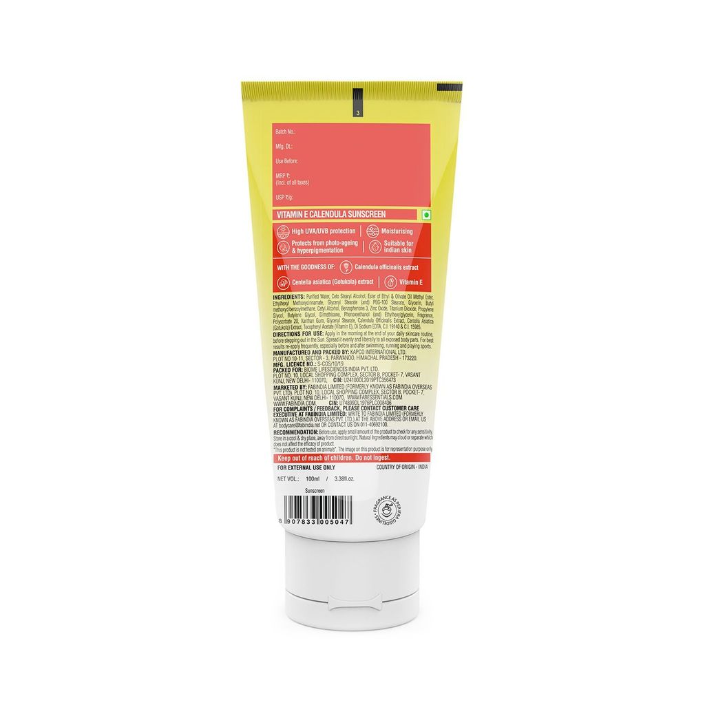 Fabessentials Vitamin E Calendula Suncreen SPF 45 PA++++ | infused with Gotu Kola | gives Broad Spectrum UVA & UVB Protection | Dermatologically Tested - 100 ml