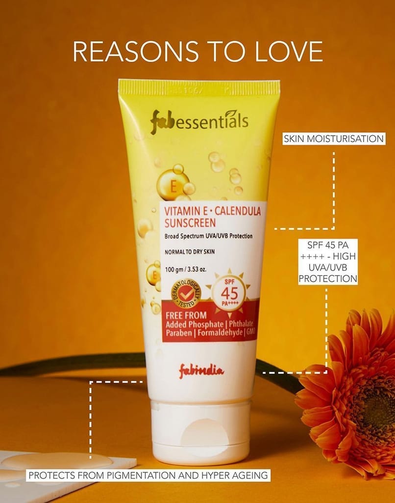 Fabessentials Vitamin E Calendula Suncreen SPF 45 PA++++ | infused with Gotu Kola | gives Broad Spectrum UVA & UVB Protection | Dermatologically Tested - 100 ml