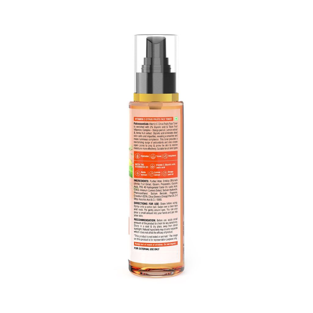 Fabessentials Vitamin C Citrus Fruits Face Toner | with Lactic Acid & Glycolic Acid | for Toning & Brightening | Locks Open Pores to Prime & Prep Skin to Receive & Retain Moisture - 110 ml