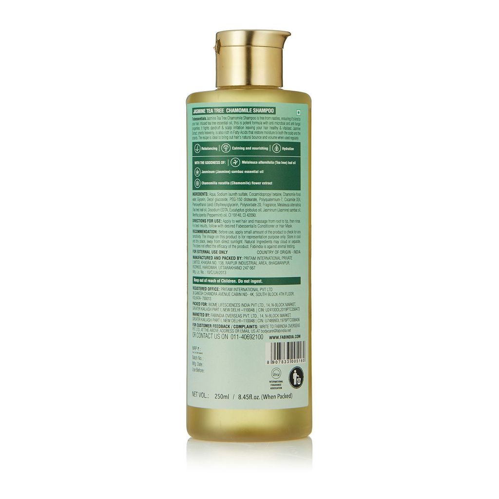 Fabessentials Jasmine Tea Tree Chamomile Shampoo | with Natural Bioactives | Clarifying & Anti-Dandruff Shampoo for Deep Cleansing | Calms Irritated Scalps and Nourishes Hair | pH 5.5| for Normal to Oily Hair - 250 ml