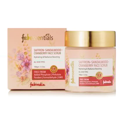 Fabessentials Saffron Sandalwood Cranberry Face Scrub | with Cranberry Seeds for Antixoidant Protection, packed with skin improving Vitamins A, C, E, K that helps boost skin elasticity | for Tan Removal, Brightening and Glow Boosting - 100 gm
