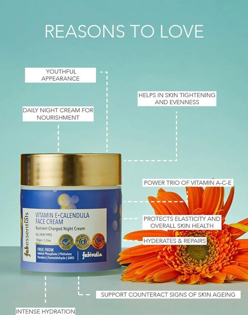 Fabessentials Vitamin E Calendula Night Cream | Nutrient Charged along with Natural-Moisturising Factor | Reduces Signs of Ageing, Fine Lines & Wrinkles for Nourished & Younger Looking Skin - 50 gm