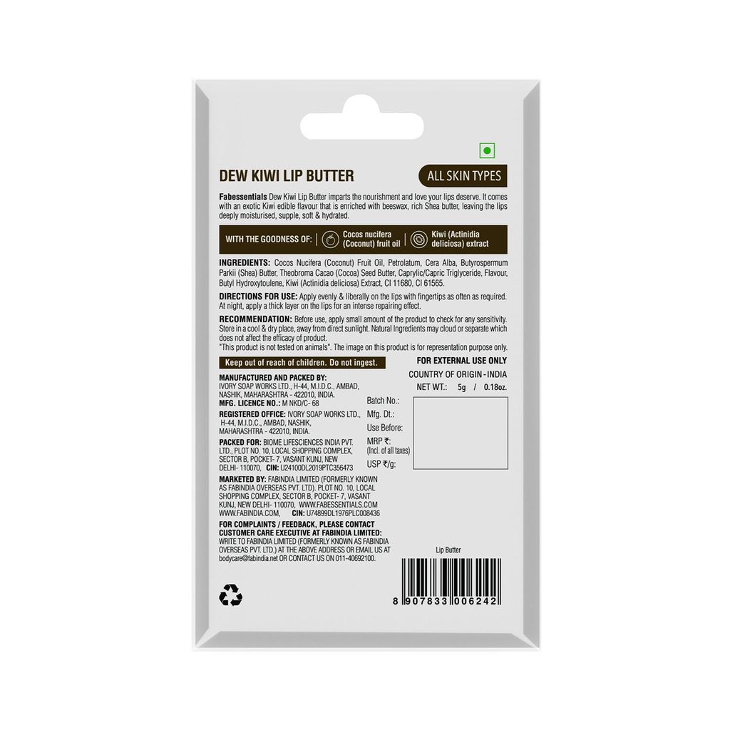 Fabessentials Dew Kiwi Lip Butter | infused with Shea Butter- & Bees Wax | with 100% Edible Grade Flavour & No Artificial Fragrance | for Instant Light Weight Lip Moisturisation - 5 gm