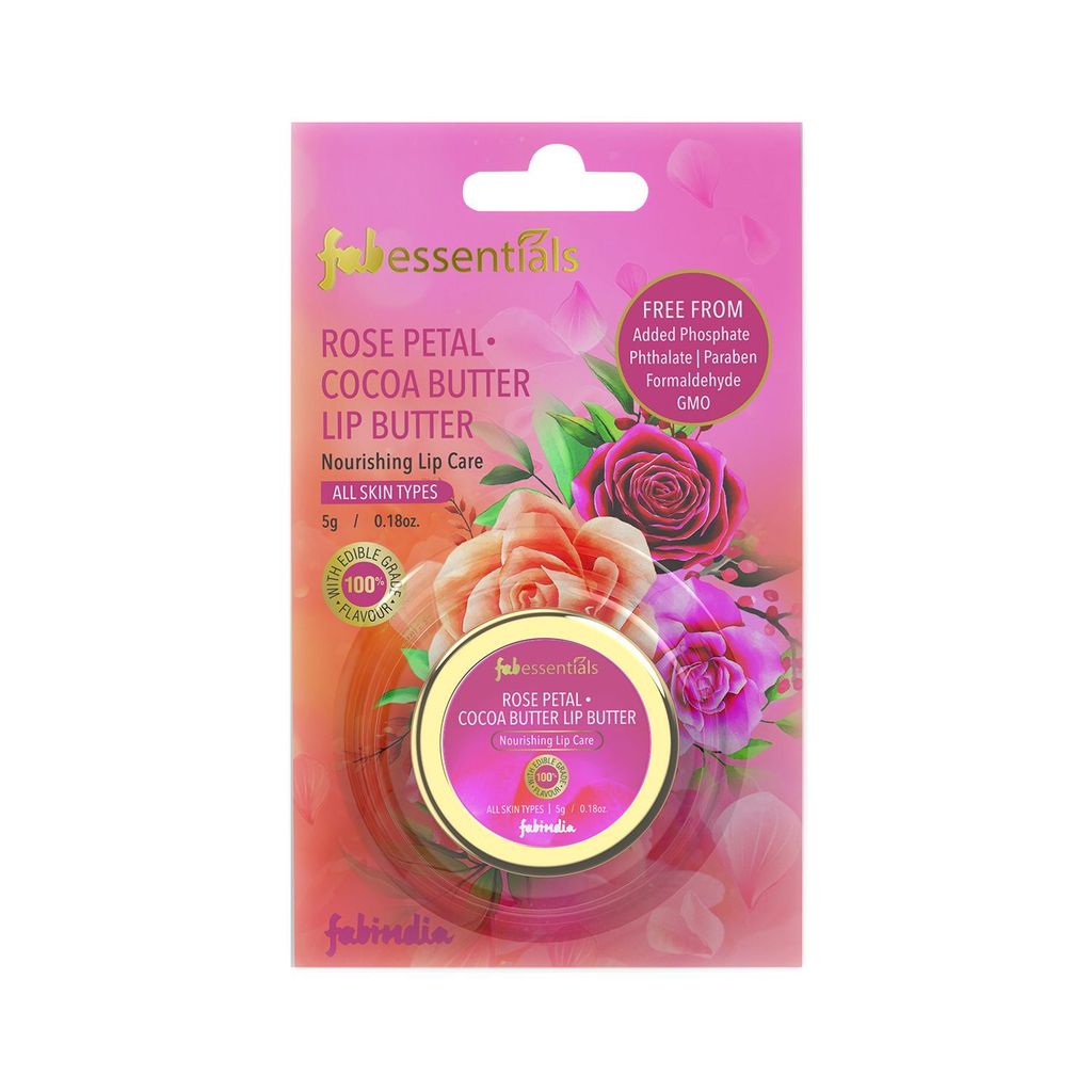Fabessentials Rose Petal Cocoa Butter Lip Butter | infused with Coconut Oil & Shea Butter | with 100% Edible Grade Flavour & No Artificial Fragrance | for Instant Light Weight Lip Moisturisation - 5 gm