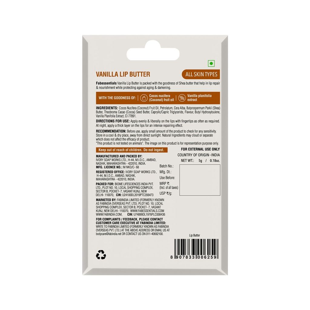 Fabessentials Vanilla Lip Butter | infused with Coconut Oil & Shea Butter | with 100% Edible Grade Flavour & No Artificial Fragrance | for Instant Light Weight Lip Moisturisation - 5 gm