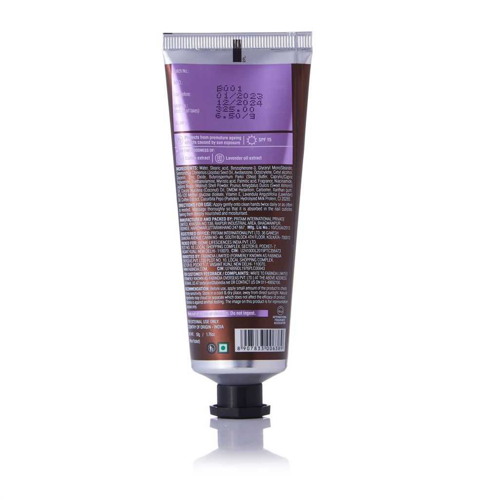 Fabessentials Coffee Lavender Hand Cream - SPF 15 | with the Goodness of Shea Butter | Protects from Premature Ageing Affects Caused by Sun Exposure | Moisturises & Nourishes Hand & Nail Cuticles - 50 gm