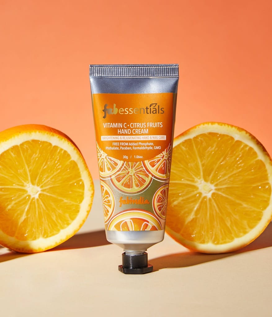 Fabessentials Vitamin C Citrus Fruits Hand  Cream | with Jojoba Seed Oil, Shea Butter, Aloe Vera Juice & Vitamin E | For Brightening, Moisturising & Nourishing Hand & Nails - 30 gm