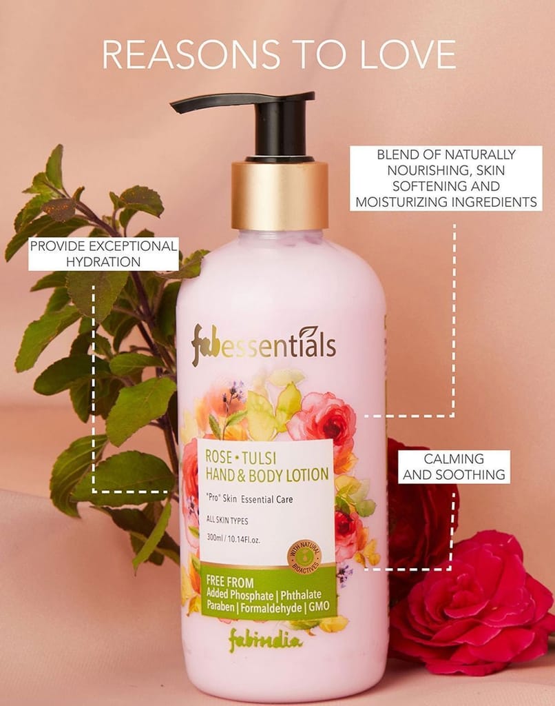 Fabessentials Rose Tulsi Hand & Body Lotion | infused with Shea Butter | Moisturises & Softens Rough Skin, Hand & Nail Cuticles - 300 ml