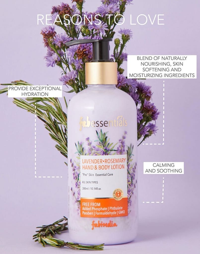 Fabessentials Lavender Rosemary Hand & Body Lotion | enriched with Shea Butter & Cocoa Seed Butter | Moisturises & Softens Rough Skin, Hand & Nail Cuticles - 300 ml