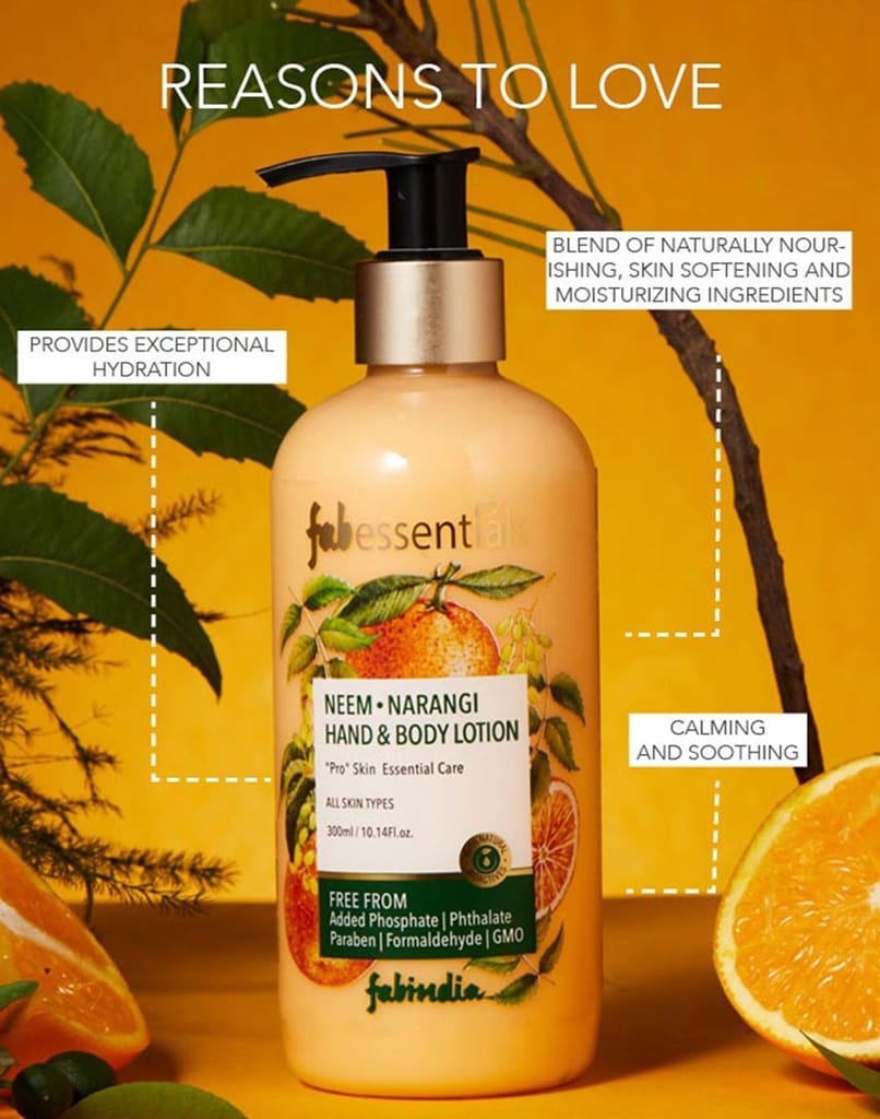 Fabessentials Neem Narangi Hand & Body Lotion | infused with Shea Butter & Cocoa Seed Butter | Moisturises & Softens Rough Skin, Hand & Nail Cuticles - 300 ml