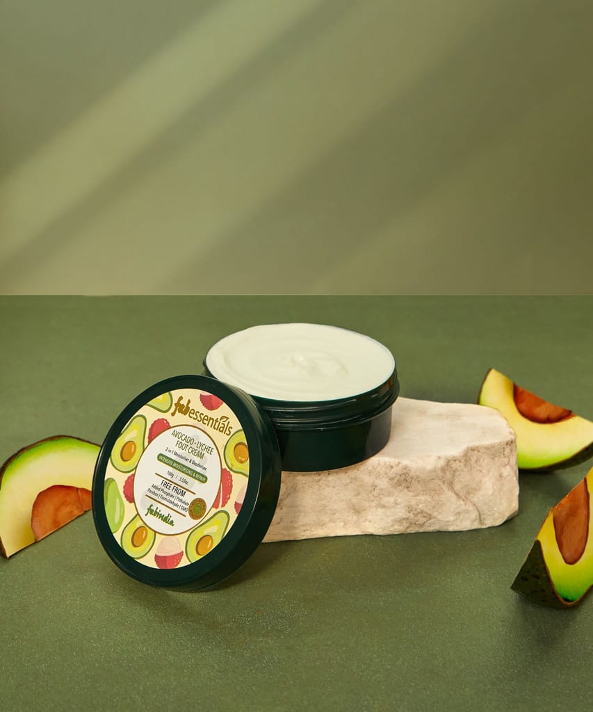 Fabessentials Avacado Lychee Foot Cream | enriched with Shea Butter & Jojoba Oil | 2-in-1 Moisturiser & Deodoriser | for Intensive Foot Moistursing & Repair - 100 gm