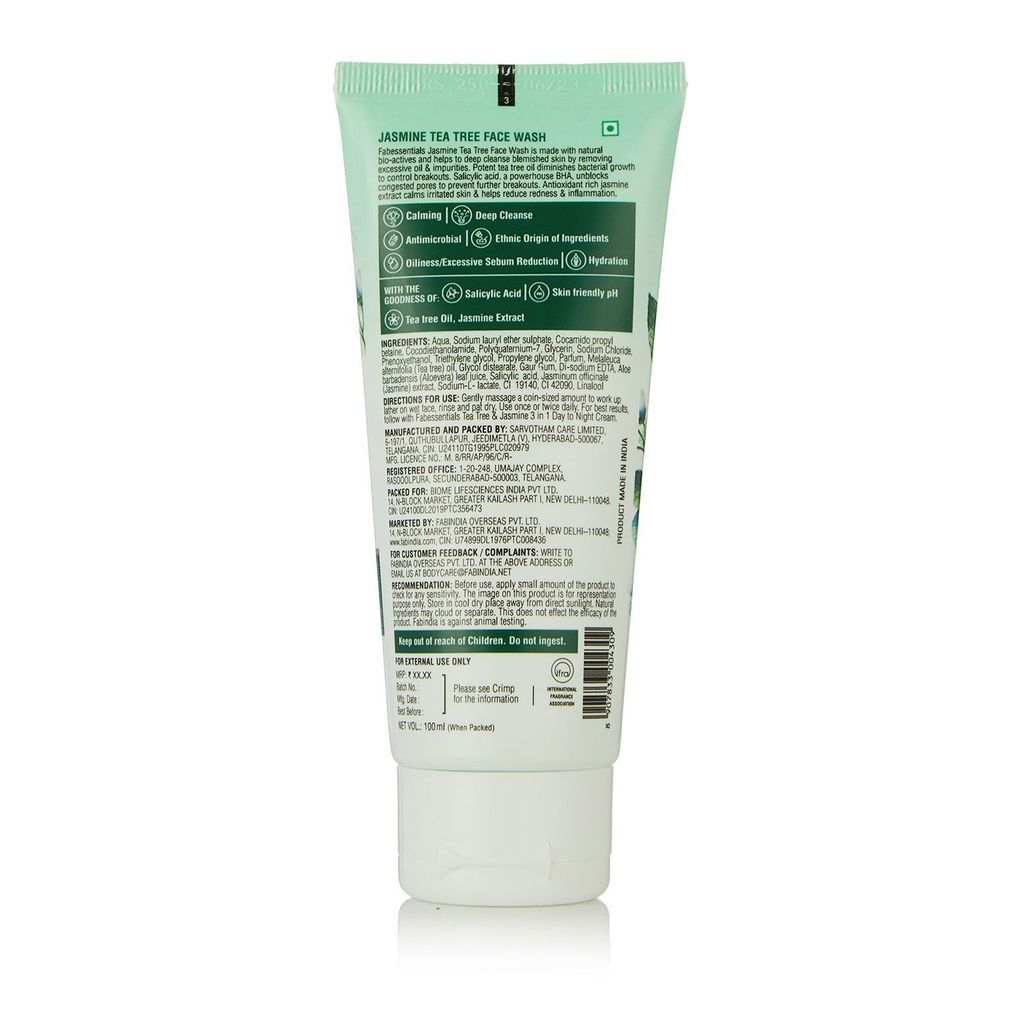 Fabessentials Jasmine Tea Tree Face Wash | enriched with Salicylic Acid | Calming & Anti-Blemish Daily Cleanser | Reduces Excessive Oiliness, Sebum & Impurities | for Normal to Oily Skin - 100 ml