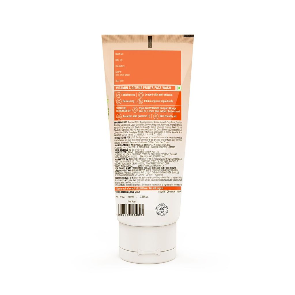 Fabessentials Vitamin C Citrus Fruits Face Wash | with Triple Fruit Vitamin Complex - Orange Oil, Lemon Peel & Amla | Infused with Lactic Acid, Glycolic acid for exfoliation| Daily Detox Micro Polish Cleansing & Skin Brightening - 100 ml