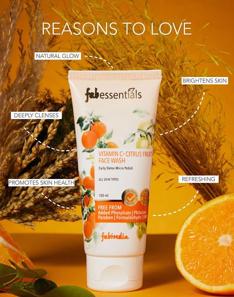 Fabessentials Vitamin C Citrus Fruits Face Wash | with Triple Fruit Vitamin Complex - Orange Oil, Lemon Peel & Amla | Infused with Lactic Acid, Glycolic acid for exfoliation| Daily Detox Micro Polish Cleansing & Skin Brightening - 100 ml